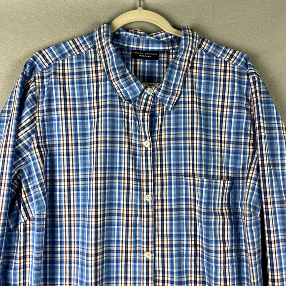Susan Graver Weekend Top Womens 3X Blue Plaid Button Up Roll Tab Sleeve Casual - Picture 2 of 13